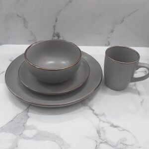 Juego De Vajilla  Gris Con Dorado Lisa. 16 Piezas
